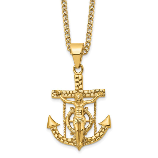 Chisel Stainless Steel Polished and Textured Yellow IP-plated Mariner's Cross Pendant on a 24 inch Curb Chain Necklace SRN2790-24