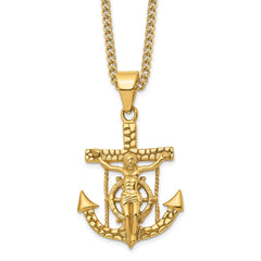 Chisel Stainless Steel Polished and Textured Yellow IP-plated Mariner's Cross Pendant on a 24 inch Curb Chain Necklace SRN2790-24