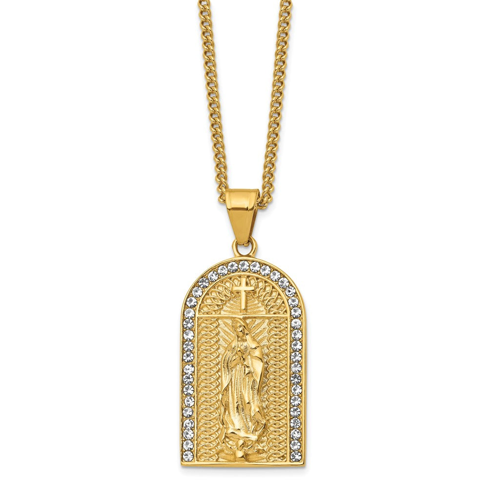 Chisel Stainless Steel Polished Yellow IP-plated with Crystal Blessed Mary Pendant on a 24 inch Curb Chain Necklace SRN2792-24