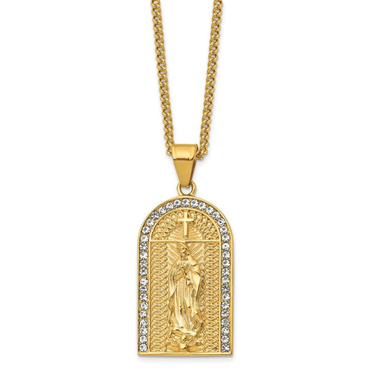 Chisel Stainless Steel Polished Yellow IP-plated with Crystal Blessed Mary Pendant on a 24 inch Curb Chain Necklace SRN2792-24