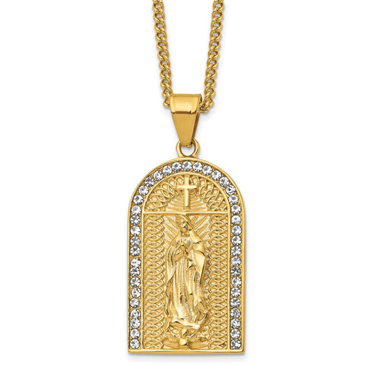Chisel Stainless Steel Polished Yellow IP-plated with Crystal Blessed Mary Pendant on a 24 inch Curb Chain Necklace SRN2792-24
