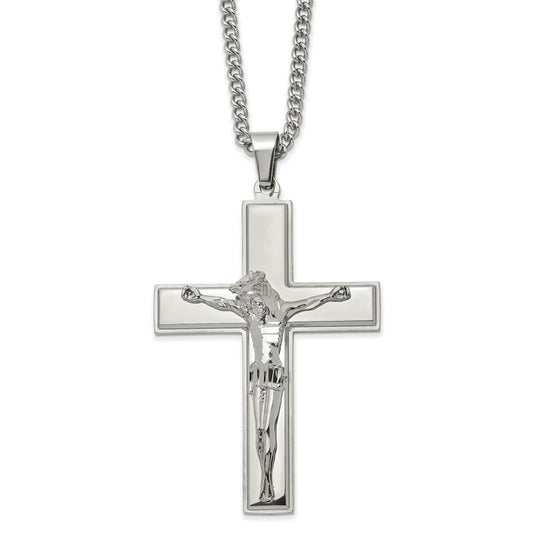 Chisel Stainless Steel Polished Crucifix Pendant on a 24 inch Curb Chain Necklace SRN2793-24