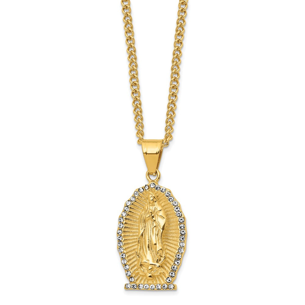 Chisel Stainless Steel Polished Yellow IP-plated with Crystal Our Lady of Guadalupe Pendant on a 24 inch Curb Chain Necklace SRN2794-24