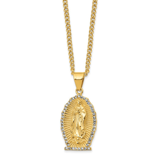 Chisel Stainless Steel Polished Yellow IP-plated with Crystal Our Lady of Guadalupe Pendant on a 24 inch Curb Chain Necklace SRN2794-24