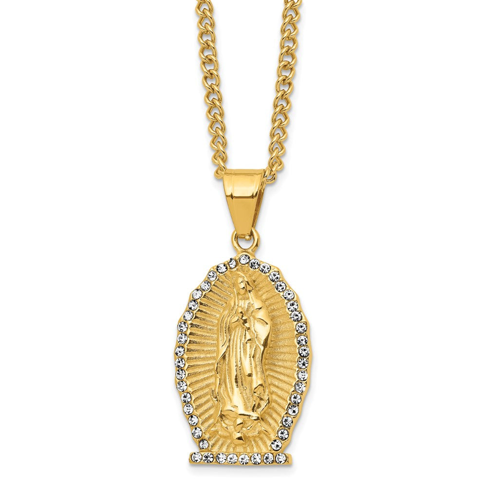 Chisel Stainless Steel Polished Yellow IP-plated with Crystal Our Lady of Guadalupe Pendant on a 24 inch Curb Chain Necklace SRN2794-24