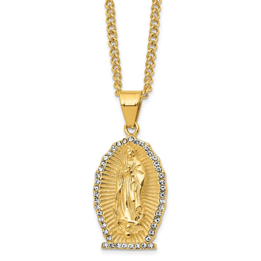 Chisel Stainless Steel Polished Yellow IP-plated with Crystal Our Lady of Guadalupe Pendant on a 24 inch Curb Chain Necklace SRN2794-24