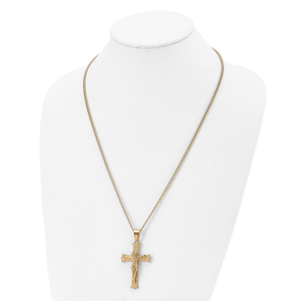 Chisel Stainless Steel Polished Yellow IP-plated Crucifix Pendant on a 24 inch Curb Chain Necklace SRN2796-24