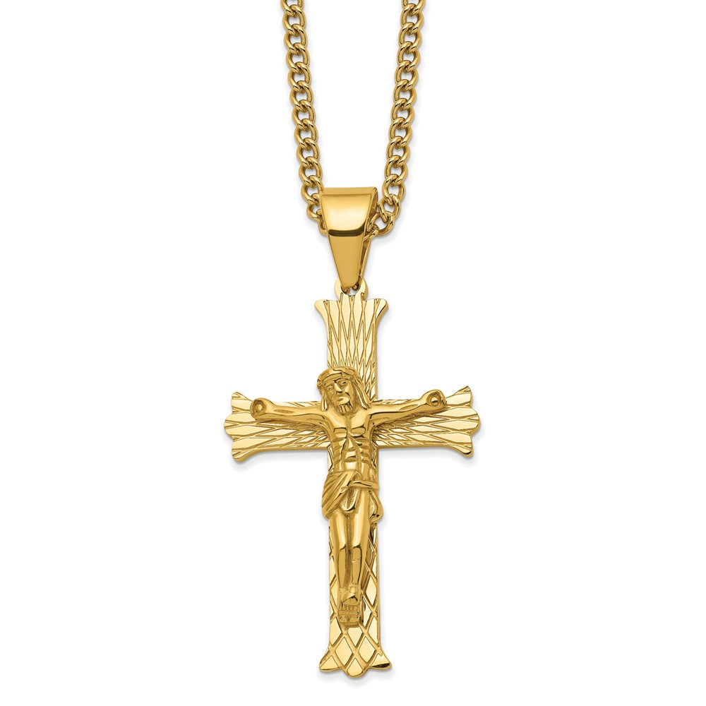Chisel Stainless Steel Polished Yellow IP-plated Crucifix Pendant on a 24 inch Curb Chain Necklace SRN2796-24