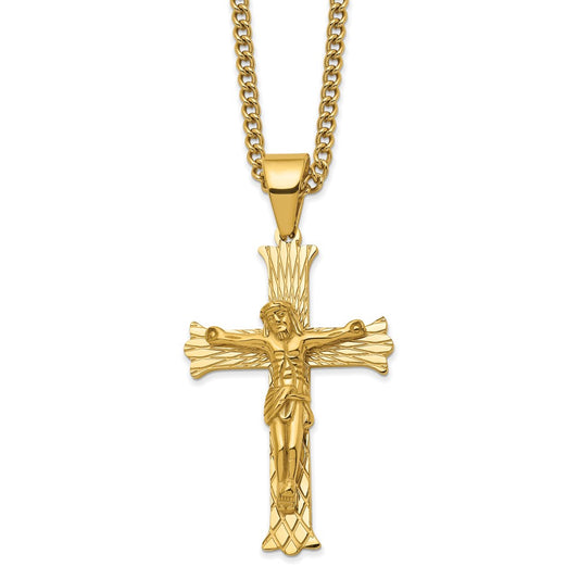 Chisel Stainless Steel Polished Yellow IP-plated Crucifix Pendant on a 24 inch Curb Chain Necklace SRN2796-24