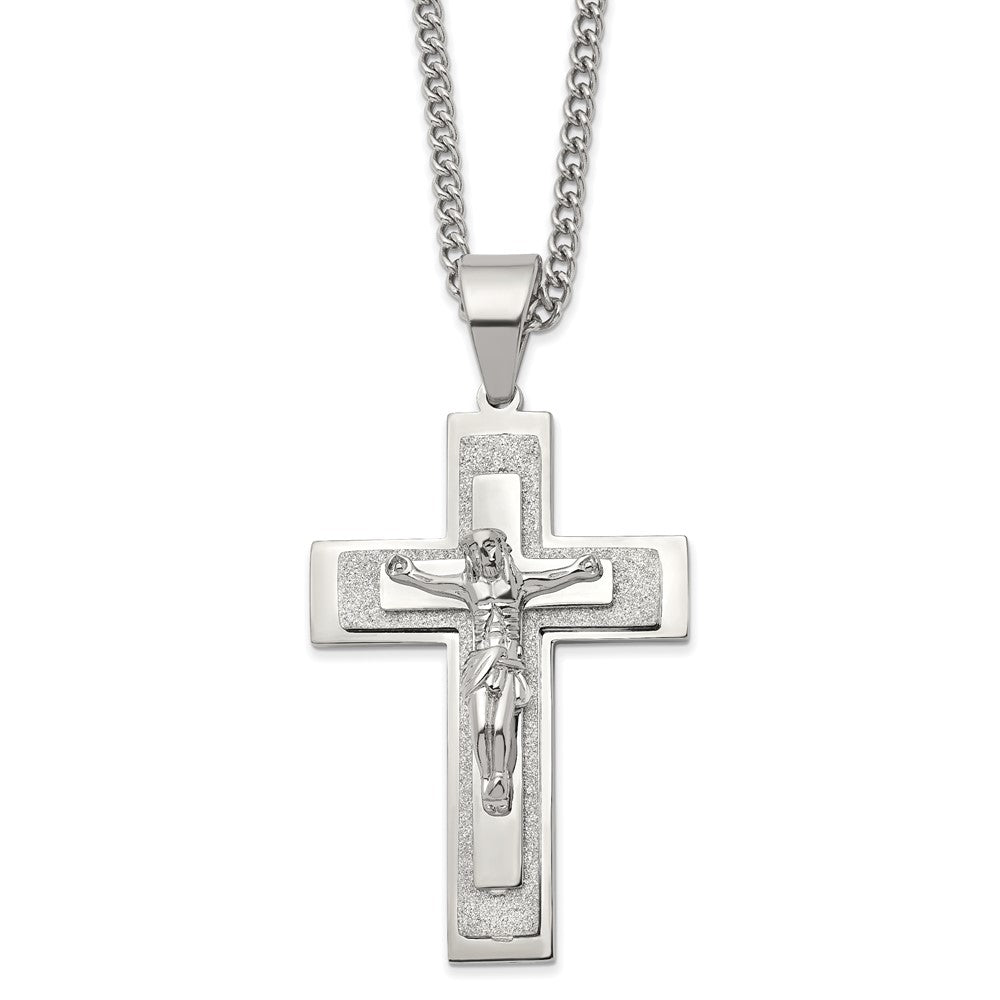 Chisel Stainless Steel Polished Laser-cut Crucifix Pendant on a 24 inch Curb Chain Necklace SRN2797-24