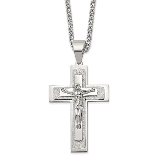 Chisel Stainless Steel Polished Laser-cut Crucifix Pendant on a 24 inch Curb Chain Necklace SRN2797-24