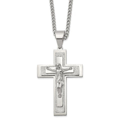 Chisel Stainless Steel Polished Laser-cut Crucifix Pendant on a 24 inch Curb Chain Necklace SRN2797-24