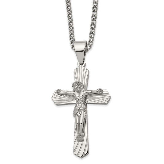 Chisel Stainless Steel Polished Crucifix Pendant on a 24 inch Curb Chain Necklace SRN2798-24