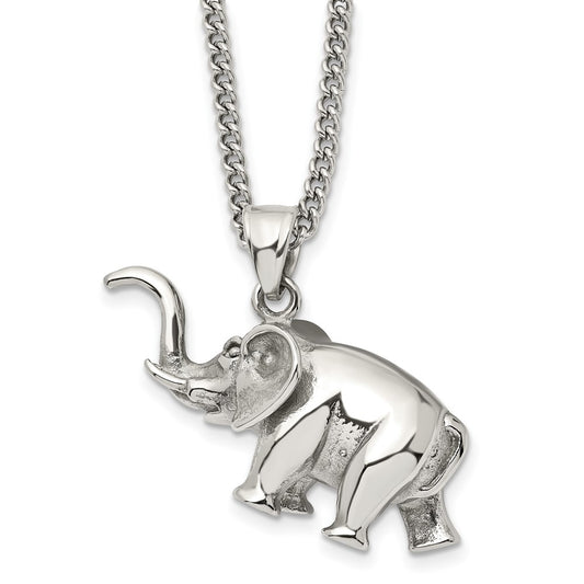 Chisel Stainless Steel Polished 3D Elephant Pendant on a 24 inch Curb Chain Necklace SRN2799-24