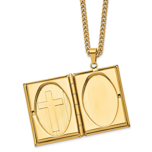 Chisel Stainless Steel Polished Yellow IP-plated Cross Bible Locket Pendant on a 24 inch Curb Chain Necklace SRN2801-24