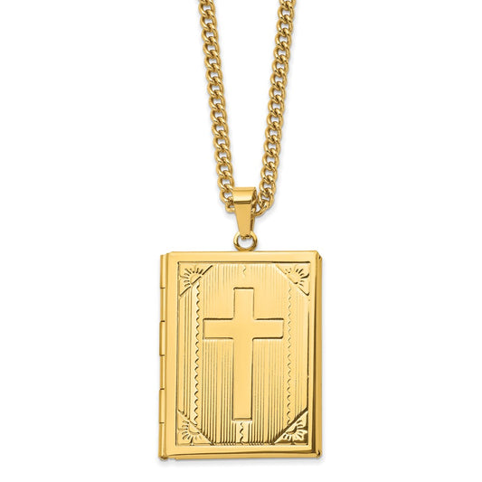 Chisel Stainless Steel Polished Yellow IP-plated Cross Bible Locket Pendant on a 24 inch Curb Chain Necklace SRN2801-24