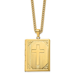 Chisel Stainless Steel Polished Yellow IP-plated Cross Bible Locket Pendant on a 24 inch Curb Chain Necklace SRN2801-24