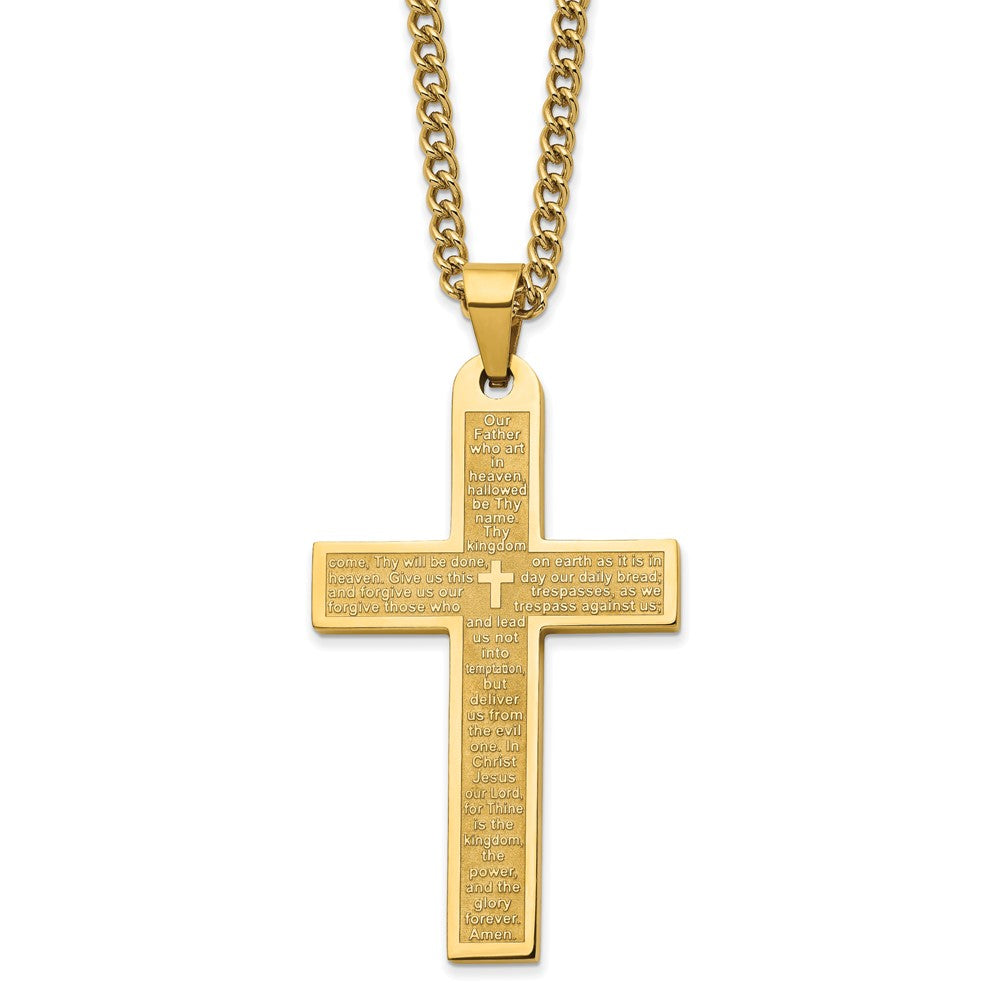 Chisel Stainless Steel Polished Yellow IP-plated Lord's Prayer Cross Pendant on a 24 inch Curb Chain Necklace SRN2802-24