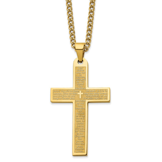 Chisel Stainless Steel Polished Yellow IP-plated Lord's Prayer Cross Pendant on a 24 inch Curb Chain Necklace SRN2802-24