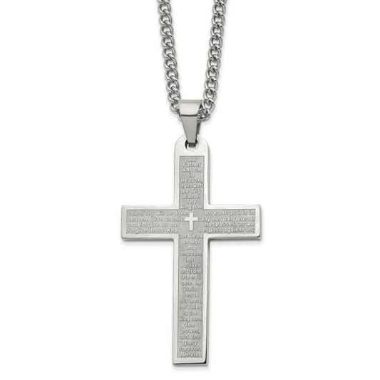Chisel Stainless Steel Polished Lord's Prayer Cross Pendant on a 24 inch Curb Chain Necklace SRN2804-24