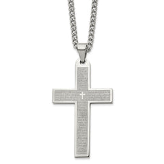 Chisel Stainless Steel Polished Lord's Prayer Cross Pendant on a 24 inch Curb Chain Necklace SRN2804-24