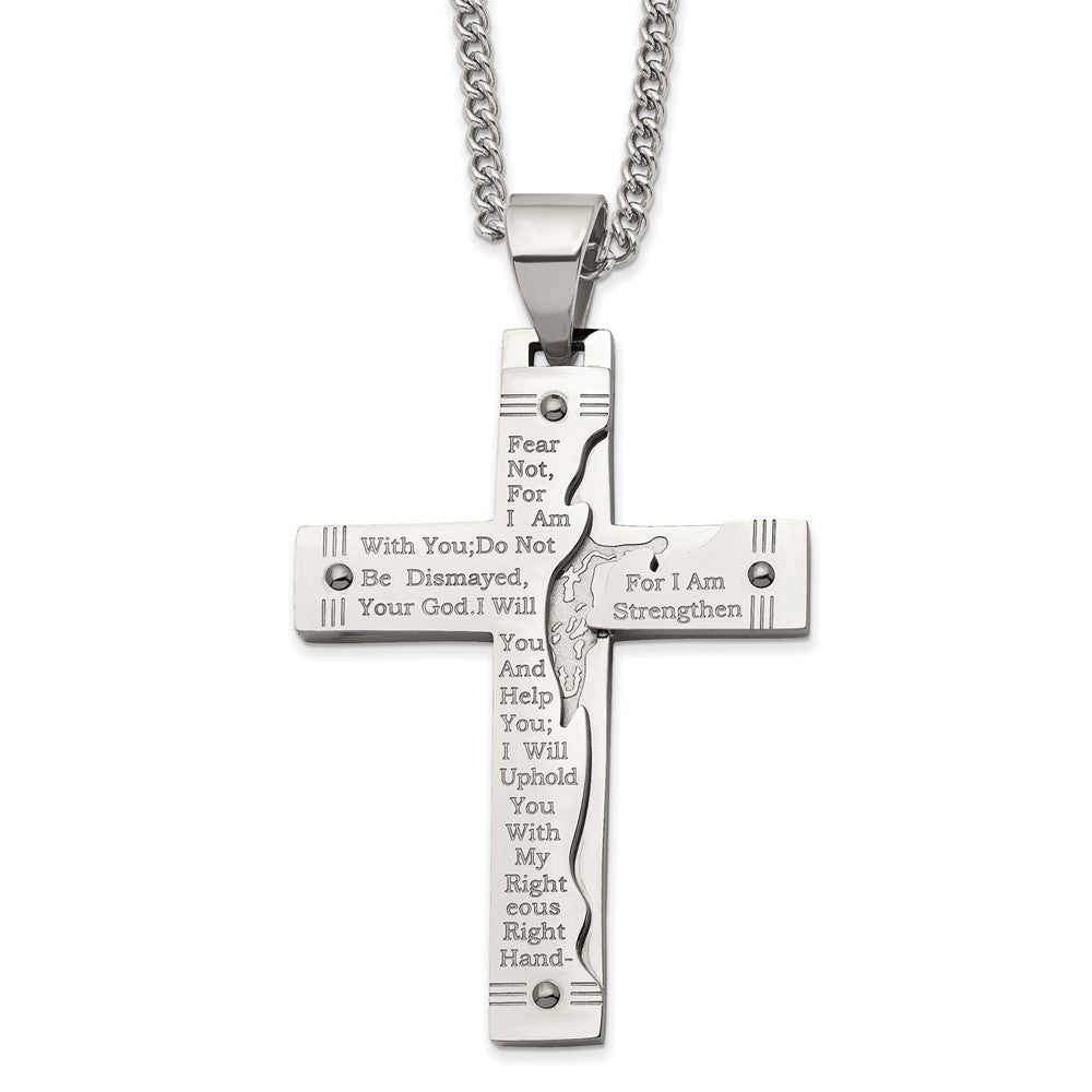 Chisel Stainless Steel Polished Etched Isaiah 41:10 Prayer Cross Pendant on a 24 inch Curb Chain Necklace SRN2805-24