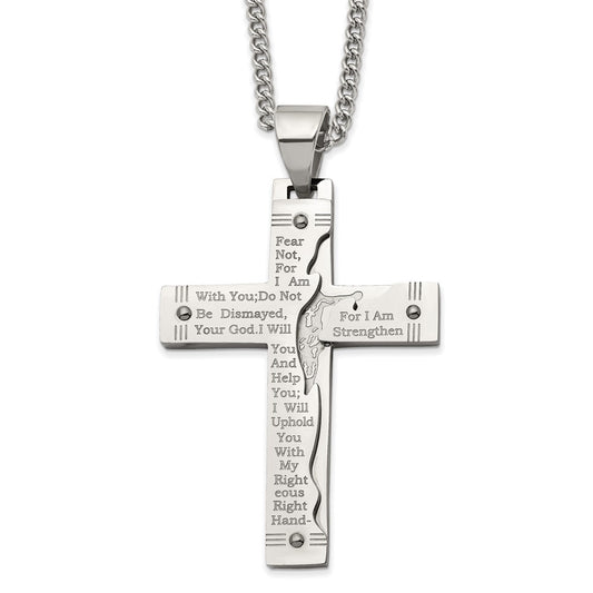 Chisel Stainless Steel Polished Etched Isaiah 41:10 Prayer Cross Pendant on a 24 inch Curb Chain Necklace SRN2805-24