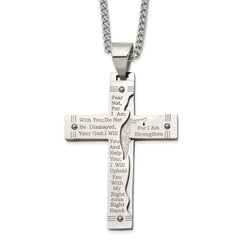 Chisel Stainless Steel Polished Etched Isaiah 41:10 Prayer Cross Pendant on a 24 inch Curb Chain Necklace SRN2805-24