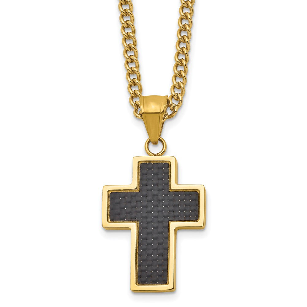 Chisel Stainless Steel Polished Yellow IP-plated with Black Carbon Fiber Inlay Cross Pendant on a 24 inch Curb Chain Necklace SRN2807-24