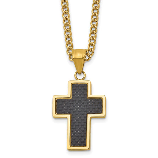 Chisel Stainless Steel Polished Yellow IP-plated with Black Carbon Fiber Inlay Cross Pendant on a 24 inch Curb Chain Necklace SRN2807-24