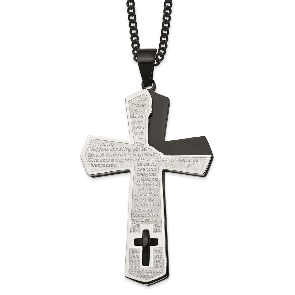 Chisel Stainless Steel Polished Black IP-plated Lord's Prayer Cross Pendant on a 24 inch Curb Chain Necklace SRN2808-24