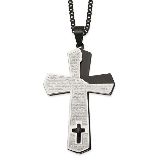Chisel Stainless Steel Polished Black IP-plated Lord's Prayer Cross Pendant on a 24 inch Curb Chain Necklace SRN2808-24