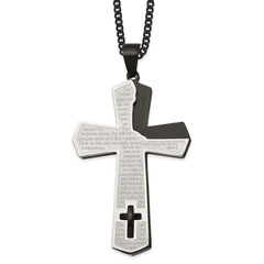 Chisel Stainless Steel Polished Black IP-plated Lord's Prayer Cross Pendant on a 24 inch Curb Chain Necklace SRN2808-24