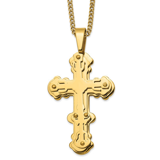 Chisel Stainless Steel Polished Yellow IP-plated Cross Pendant on a 24 inch Curb 24 inch Curb Chain Necklace SRN2814-24