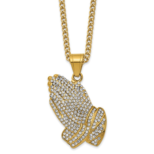 Chisel Stainless Steel Polished Yellow IP-plated with Crystal Praying Hands Pendant on a 24 inch Curb Chain Necklace SRN2819-24