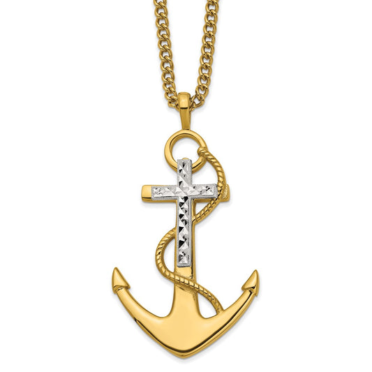 Chisel Stainless Steel Polished Yellow IP-plated Diamond cut Cross and Anchor Pendant on a 24 inch Curb Chain Necklace SRN2824-24
