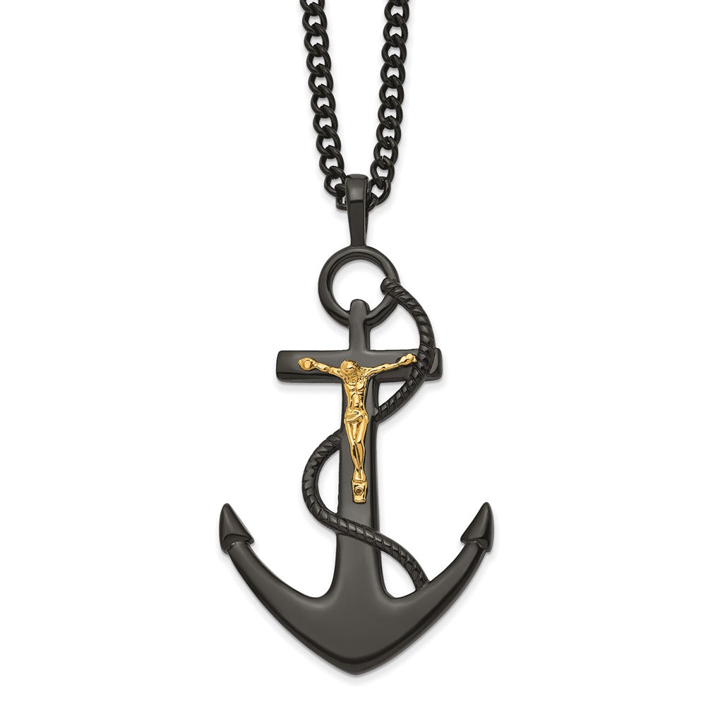 Chisel Stainless Steel Polished Black and Yellow IP-plated Crucifix Anchor Necklace SRN2826-24