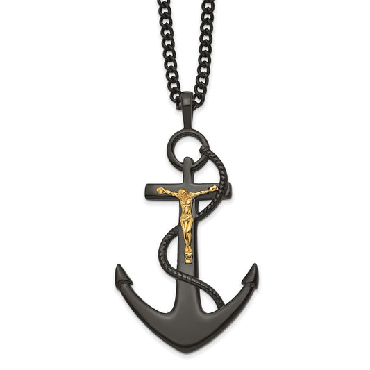 Chisel Stainless Steel Polished Black and Yellow IP-plated Crucifix Anchor Necklace SRN2826-24