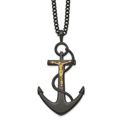 Chisel Stainless Steel Polished Black and Yellow IP-plated Crucifix Anchor Necklace SRN2826-24