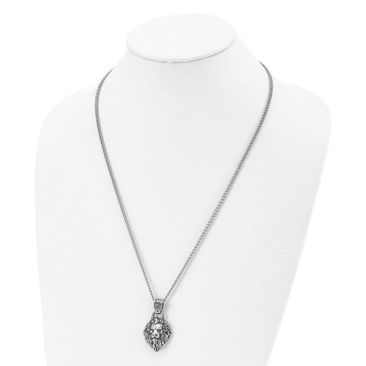 Chisel Stainless Steel Antiqued and Polished Small Lion Head with Swirl Design Pendant on a 24 inch Curb Chain Necklace SRN2828-24