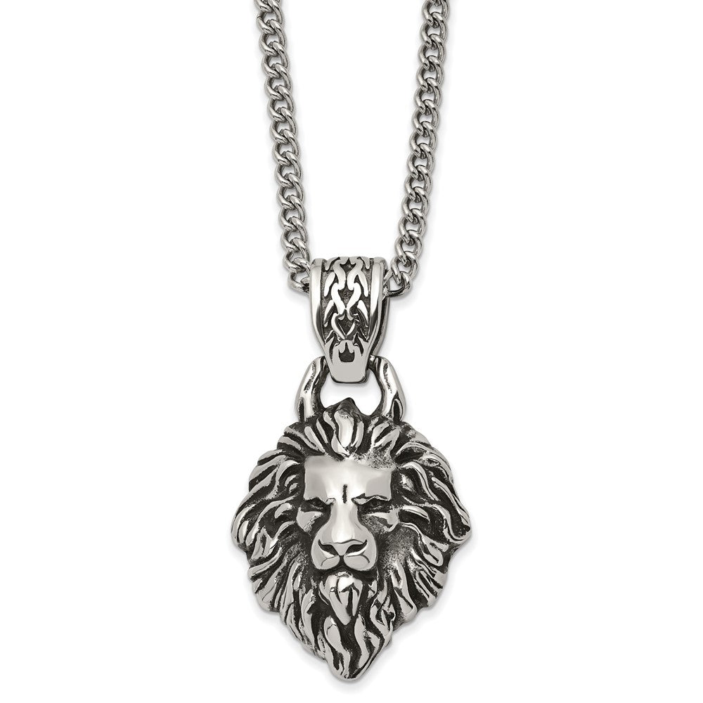Chisel Stainless Steel Antiqued and Polished Small Lion Head with Swirl Design Pendant on a 24 inch Curb Chain Necklace SRN2828-24