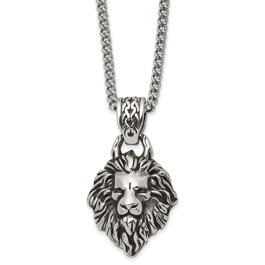Chisel Stainless Steel Antiqued and Polished Small Lion Head with Swirl Design Pendant on a 24 inch Curb Chain Necklace SRN2828-24