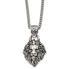 Chisel Stainless Steel Antiqued and Polished Small Lion Head with Swirl Design Pendant on a 24 inch Curb Chain Necklace SRN2828-24