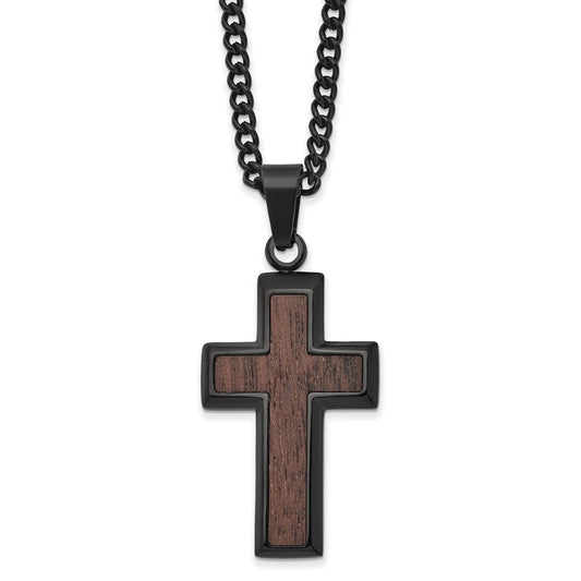 Stainless Steel Polished Black IP-plated w/Wood Inlay Cross 24in Necklace SRN2829-24