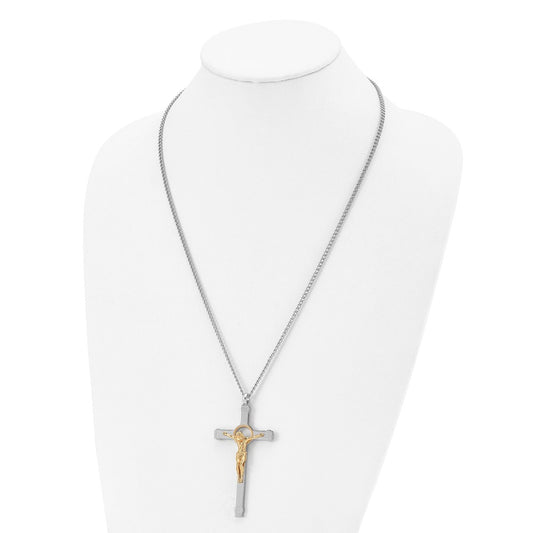 Chisel Stainless Steel Polished Yellow IP-plated Crucifix Pendant on a 24 inch Curb Chain Necklace SRN2831-24