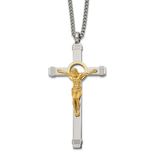 Chisel Stainless Steel Polished Yellow IP-plated Crucifix Pendant on a 24 inch Curb Chain Necklace SRN2831-24