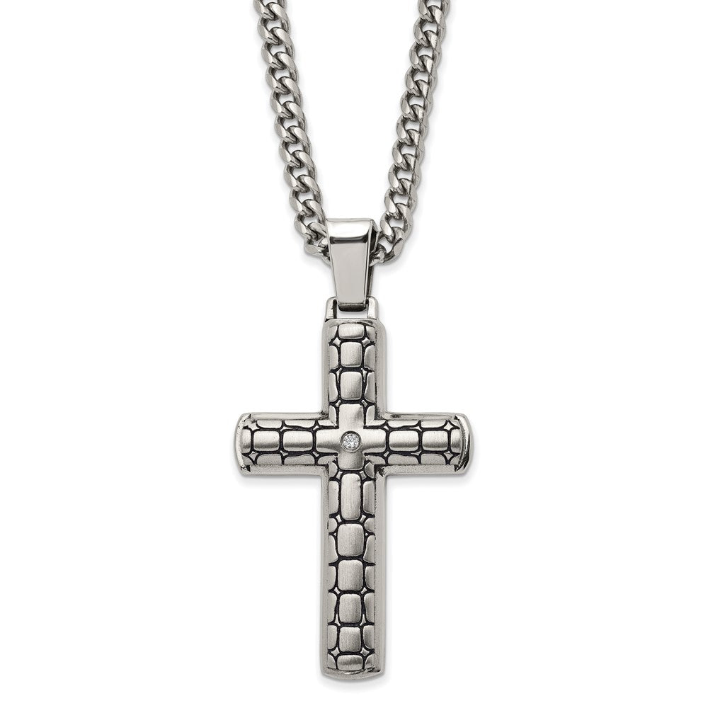 Chisel Stainless Steel Antiqued Brushed and Polished with CZ Cross Pendant on a 24 inch Curb Chain Necklace SRN2841-24