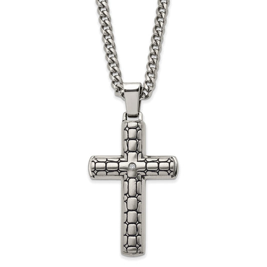 Chisel Stainless Steel Antiqued Brushed and Polished with CZ Cross Pendant on a 24 inch Curb Chain Necklace SRN2841-24