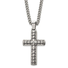 Chisel Stainless Steel Antiqued Brushed and Polished with CZ Cross Pendant on a 24 inch Curb Chain Necklace SRN2841-24