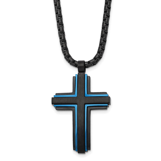 Chisel Stainless Steel Brushed and Polished Black and Blue IP-plated Cross Pendant on a 24 inch Box Chain Necklace SRN2842-24